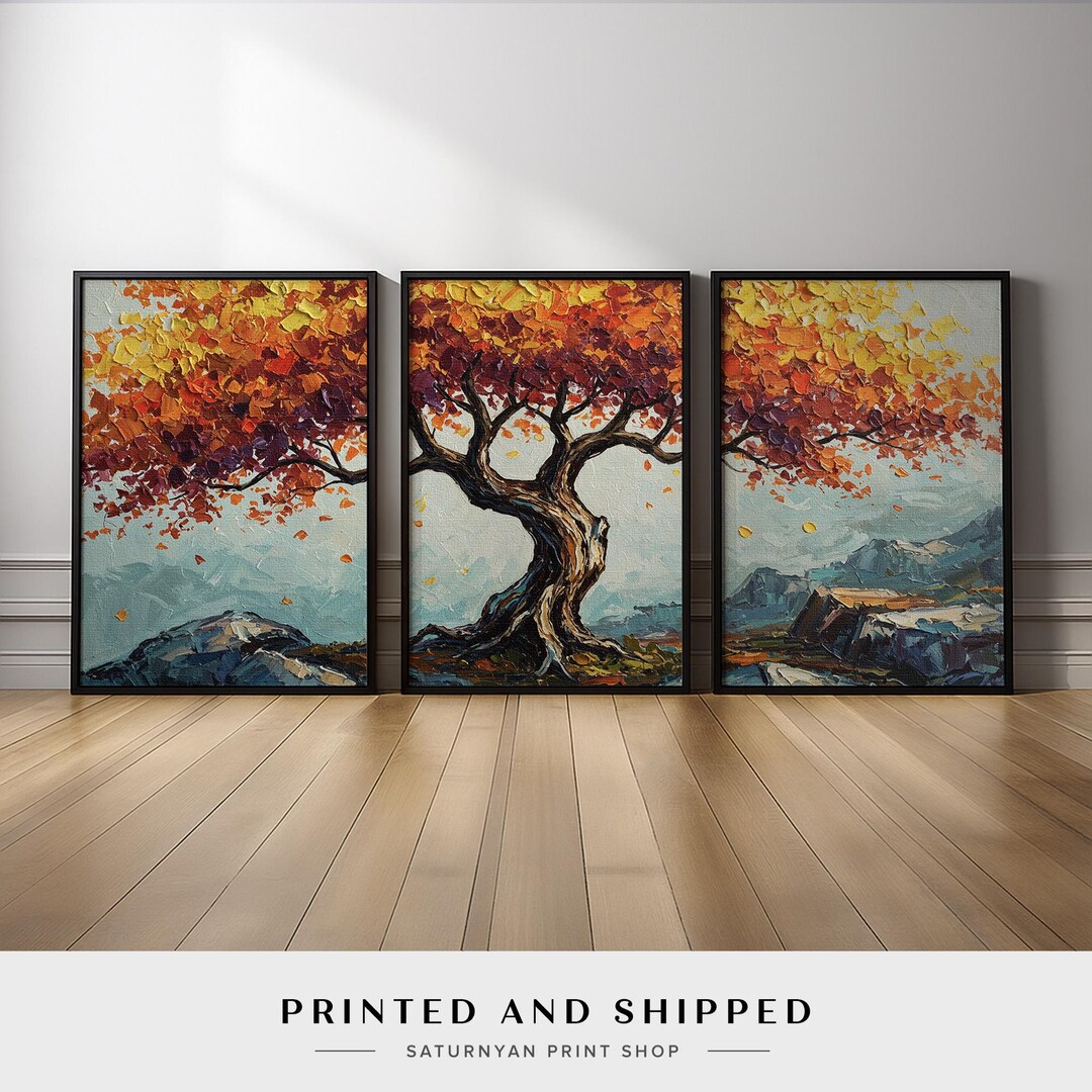 Large Autumn Tree Wall Art Triptych | Vibrant Red Orange Landscape ...