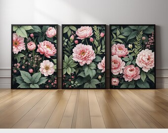 Pink Peony Flower Wall Art Set of 3 | Botanical Floral on Dark Background | Romantic Cottagecore Canvas Prints for Bedroom or Living Room