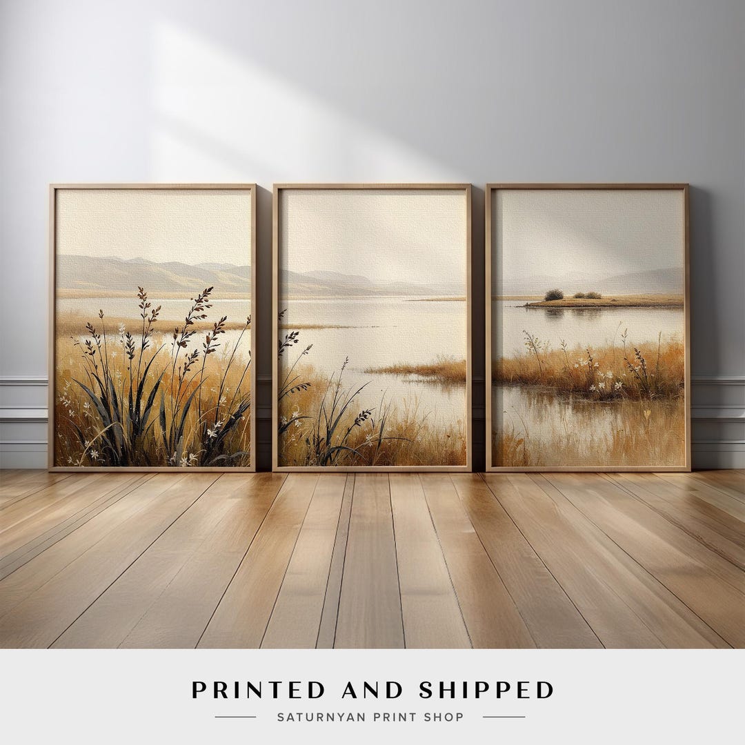 Neutral Landscape Wall Art Set of 3 | Calm Lake and Meadow Canvas ...