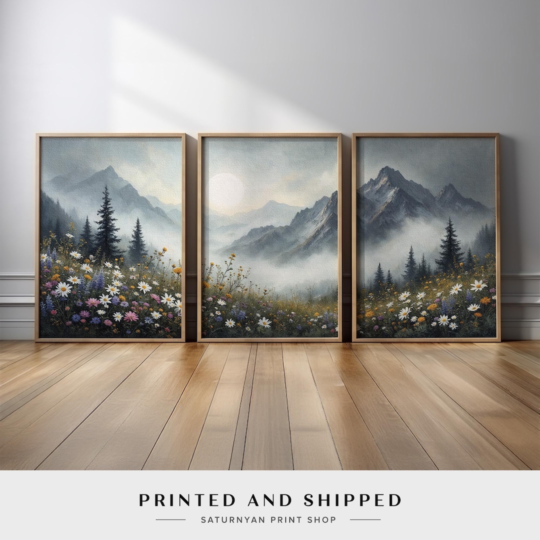 Mountain Landscape Wall Art Set of 3 | Misty Mountains and Wildflower ...