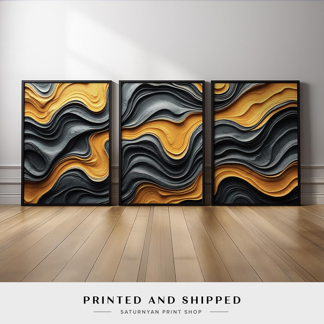 Black and Gold Abstract Wall Art Set of 3 | Wave Pattern Canvas Prints ...