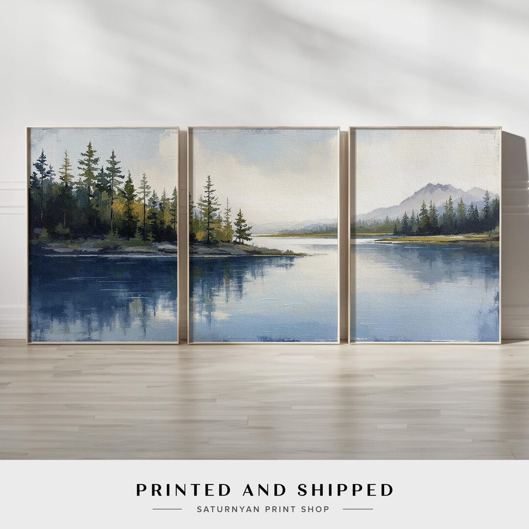 Lake and Mountain Wall Art Set of 3 | Pine Tree Reflection Triptych ...