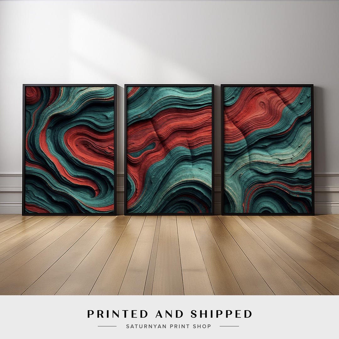 Red and Green Abstract Wall Art Set of 3 | Flowing Canvas Prints ...