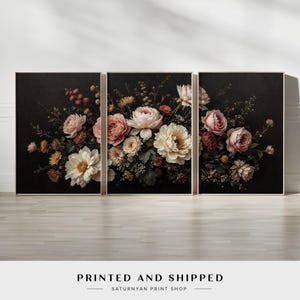 Juego de 3 cuadros de arte floral oscuro para pared / Elegantes flores silvestres, peonías y rosas / Decoración botánica vintage / Arte botánico para pared para sala de estar