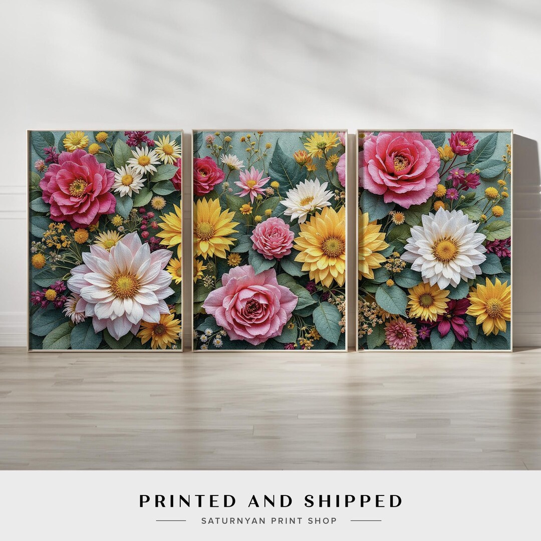 Colorful Floral Wall Art Triptych | Set of 3 Prints With Roses ...