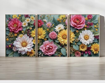 Colorful Floral Wall Art Triptych | Set of 3 Prints with Roses, Sunflowers & Daisies | Bright Botanical Art for Living Room or Bedroom Decor