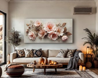 Floral Wall Art Canvas, Soft Pink Peony Painting, Elegant Flower Print, Neutral Botanical Wall Decor, Vintage-Inspired Floral Artwork