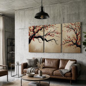 Japanese Cherry Blossom Wall Art, Sakura Tree Triptych, Asian Ink Painting, Zen Home Decor, Floral Canvas Print, Oriental Minimalist Art image 16