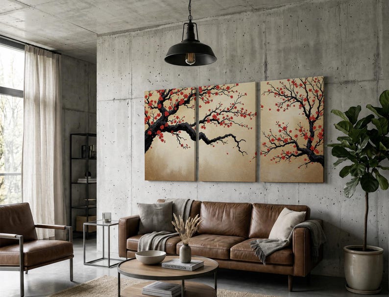 Japanese Cherry Blossom Wall Art, Sakura Tree Triptych, Asian Ink Painting, Zen Home Decor, Floral Canvas Print, Oriental Minimalist Art image 16