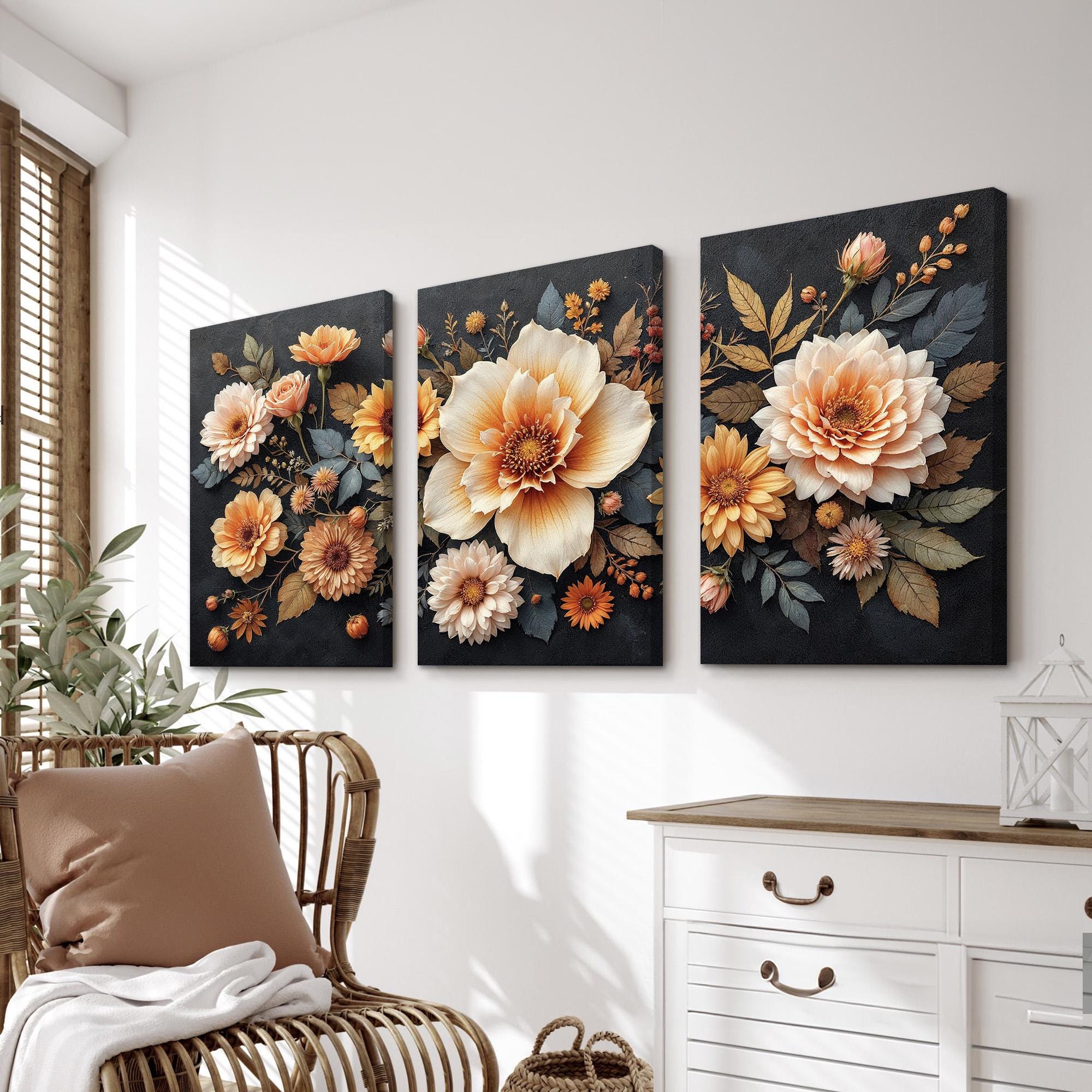 Elegant Floral Wall Art Set of 3 | Rustic Soft-toned Flowers on Black ...