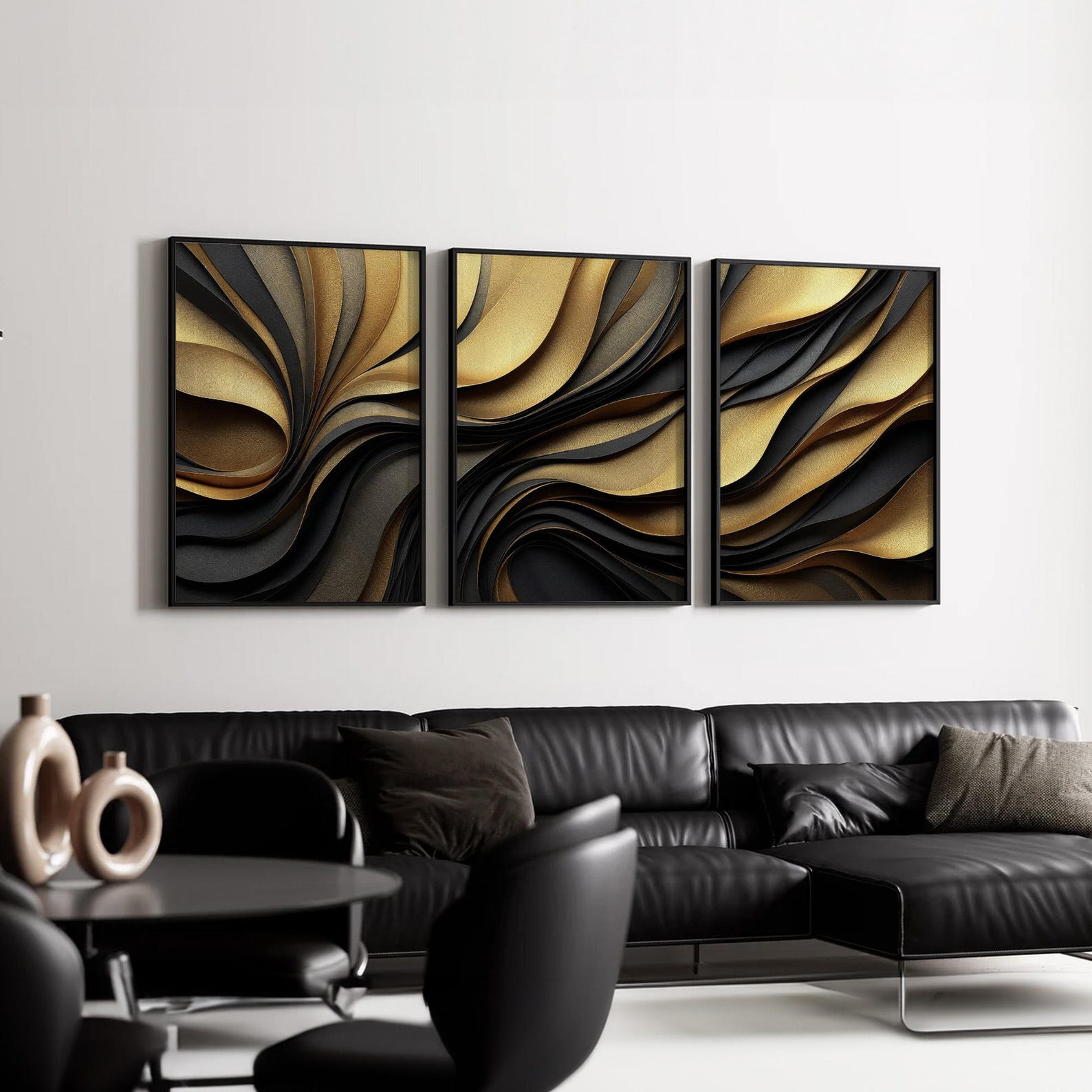 Black and Gold Abstract Wall Art Set of 3, Luxury Wave Pattern Prints ...