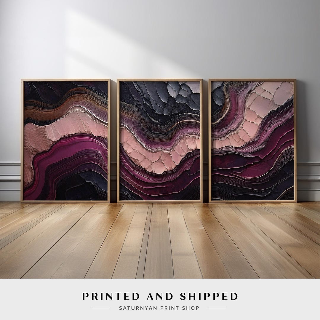 Vibrant Pink and Black Abstract Canvas Print Set | Modern Wave Wall Art ...