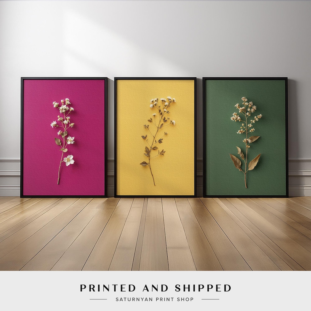 Colorful Botanical Wall Art Set of 3 | Pink Yellow Green Floral ...