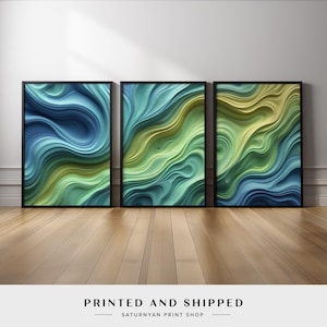 Abstract Blue Green Wave Wall Art Set of 3 | Ocean-Inspired Flow | Modern Fluid Canvas Prints for Living Room or Office Decor