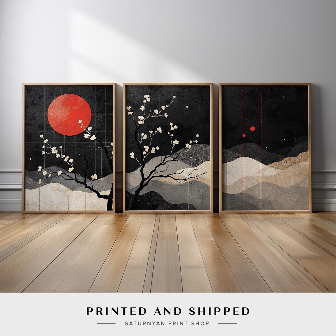 Minimalist Japanese Wall Art Set of 3 | Red Sun, Cherry Blossom Tree ...