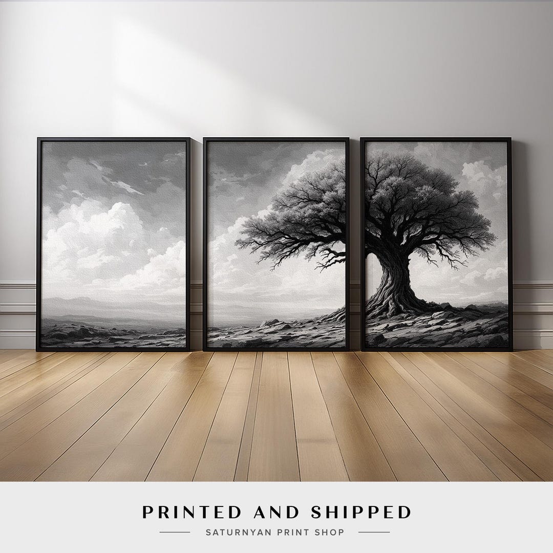 Black and White Tree Wall Art Set of 3 | monochrome Landscape Canvas ...