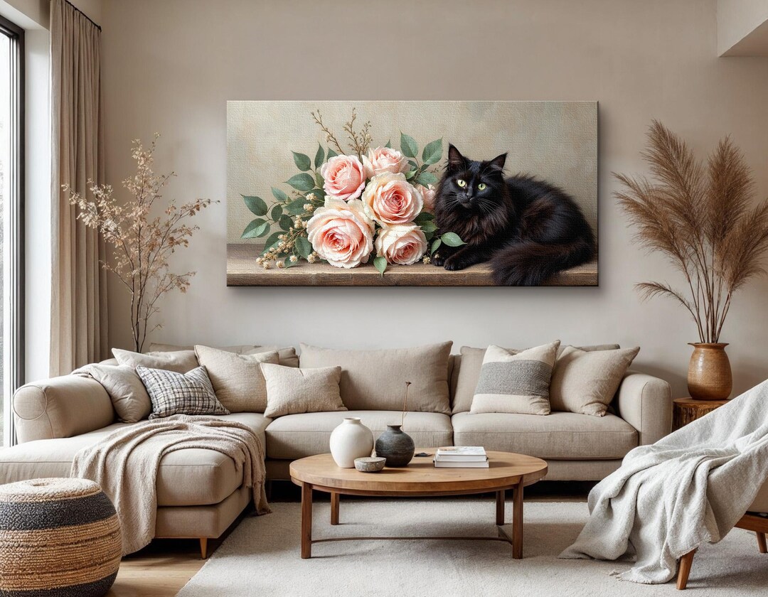Black Cat and Roses Wall Art, Elegant Floral Canvas Print Featuring ...