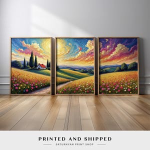 Countryside Landscape Wall Art Set | Colorful Rolling Hills Wildflower Canvas Prints | Vibrant Sunset Sky Painting | Modern Rustic Farmhouse
