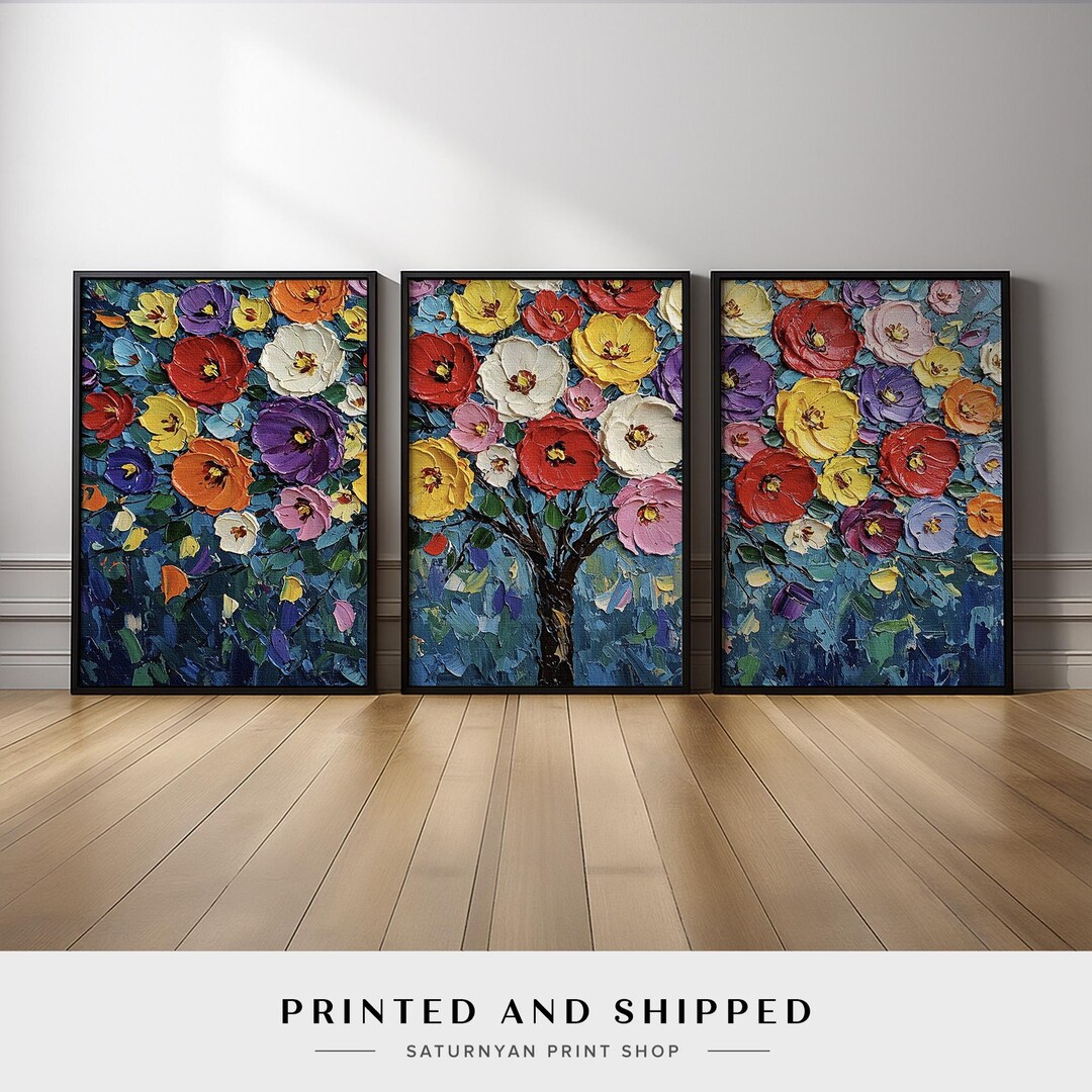 Colorful Floral Tree Wall Art Set of 3 | Large Flower Impasto Abstract ...