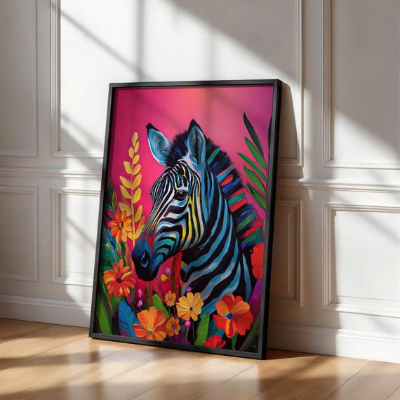 カラフルなシマウマの絵画、サファリ自然装飾、野生動物アート