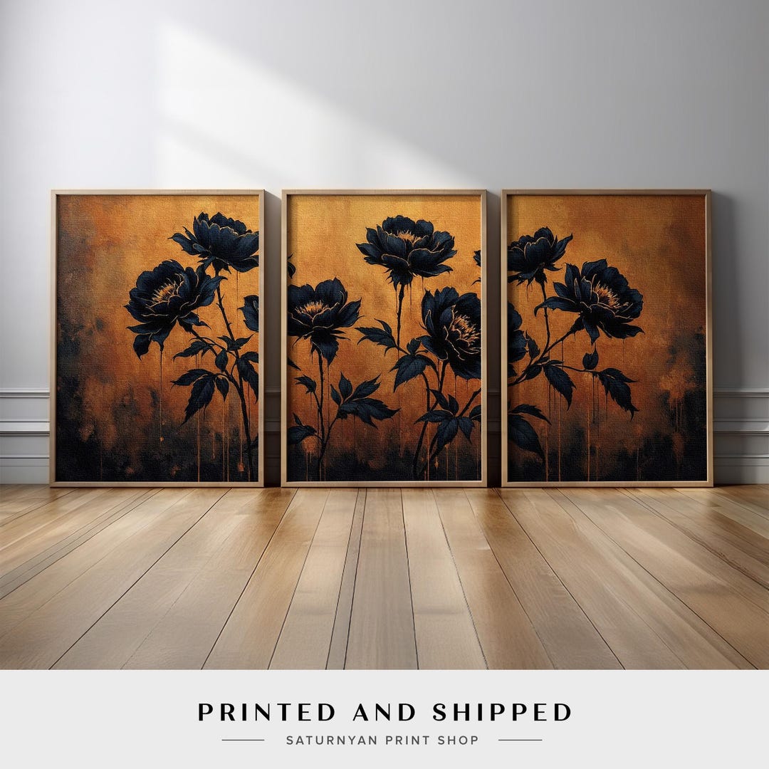 Rustic Floral Wall Art Set of 3 | Black Peony Flower Triptych With Gold ...