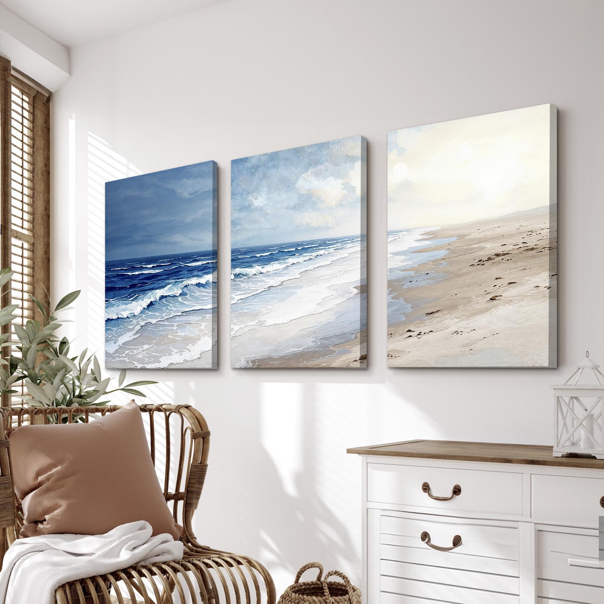 Coastal Wall Art Set of 3 | Serene Beach and Ocean Triptych With Soft ...