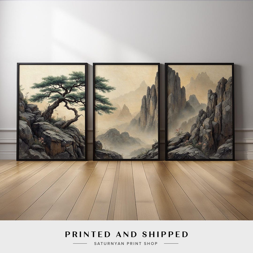 Misty Mountain Landscape Wall Art Set of 3 With Pine Tree and Cliffs ...