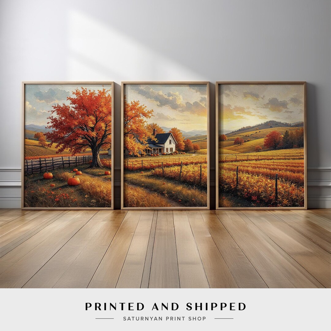 Autumn Farmhouse Wall Art Set of 3 | Rustic Pumpkin Patch & Fall ...