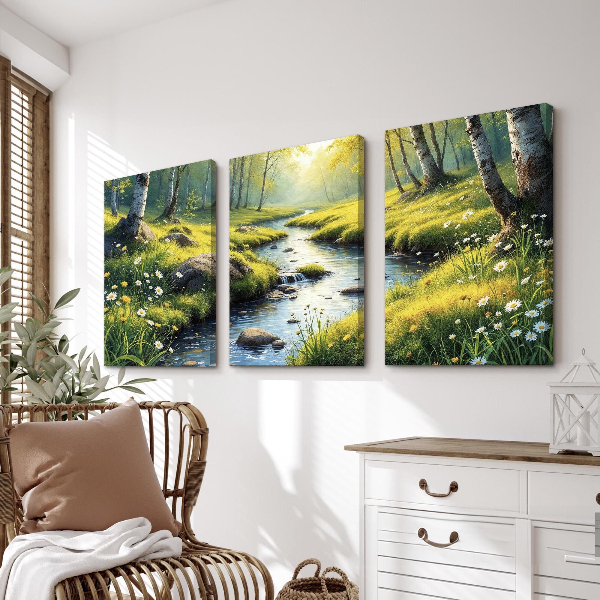 Forest River Wall Art Set of 3 | Serene Birch Tree and Wildflower ...