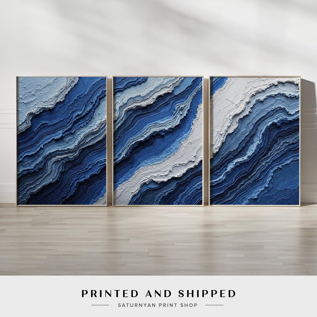 Blue Abstract Wall Art | Navy and Neutral Canvas Triptych With Organic ...