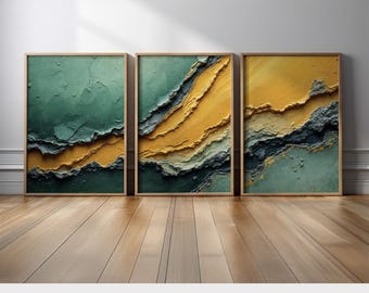 Golden Yellow and Deep Green Abstract Wall Art | Set of 3 Flowing Canyon Canvas Prints | Earthy Modern Boho Home Decor
