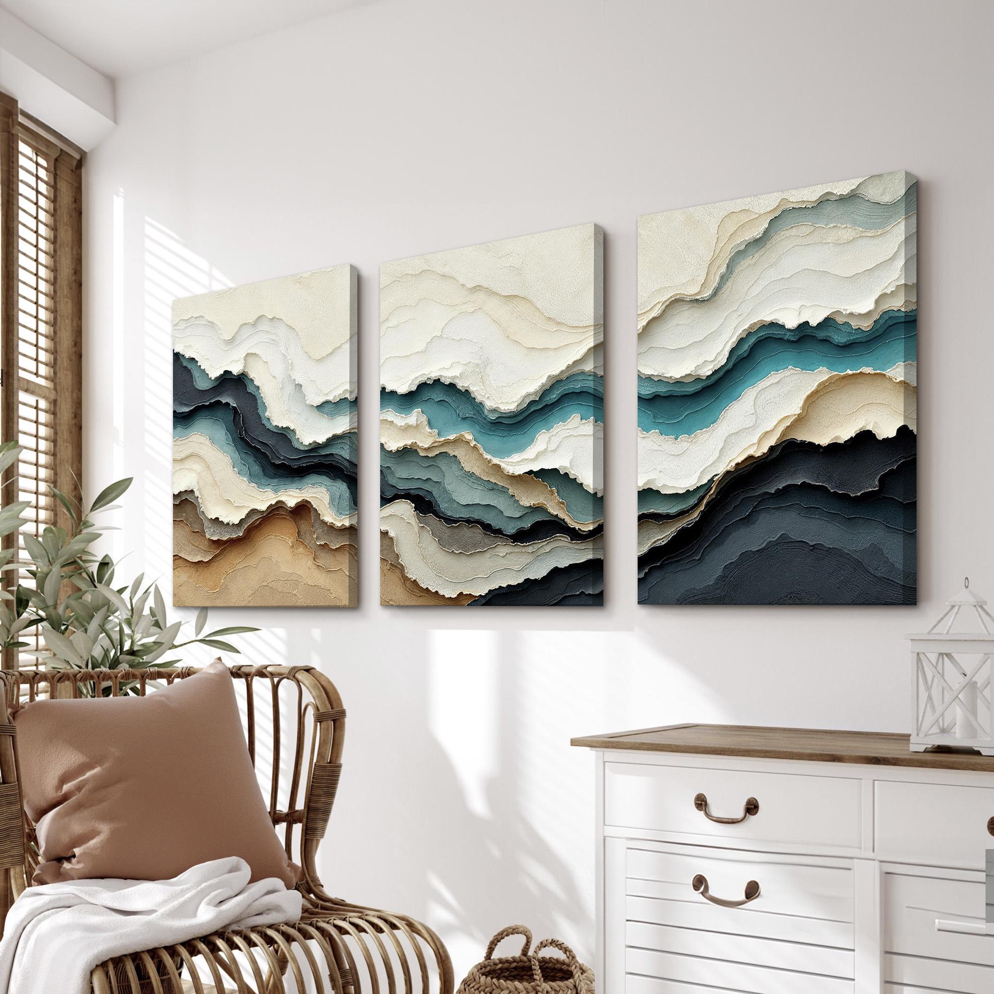 Neutral Abstract Wall Art Triptych | Beige Cream and Teal Canvas Prints ...