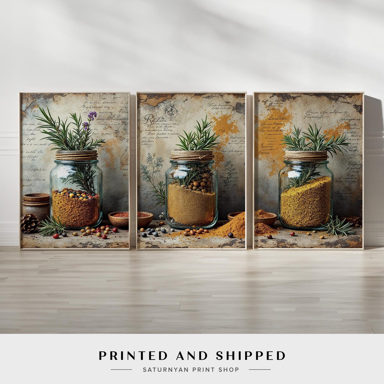 Rustic Kitchen Wall Art Set of 3 | Spice Jars & Herbs Prints ...