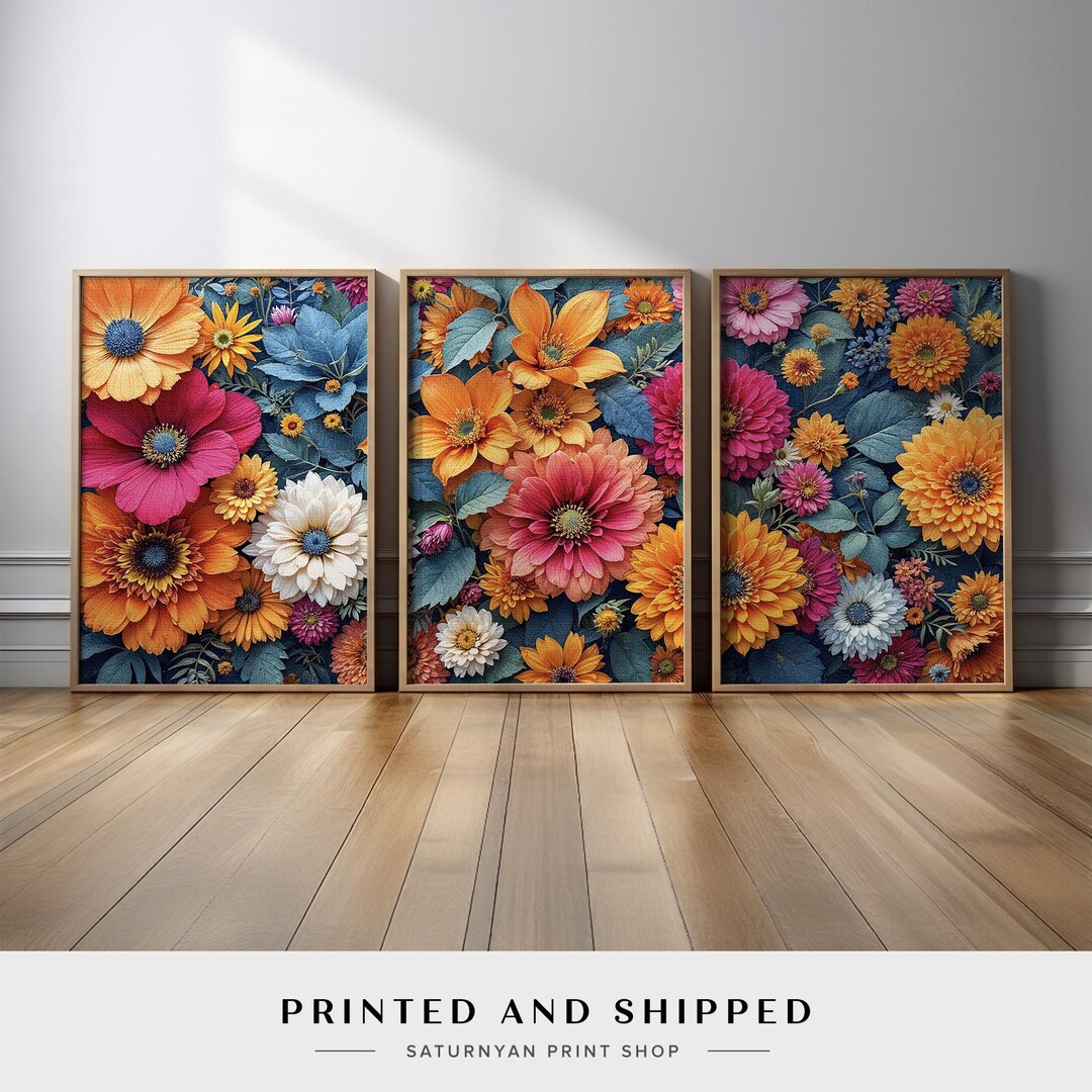Orange Pink Yellow Floral Wall Decor Set of 3 | Colorful Botanical ...