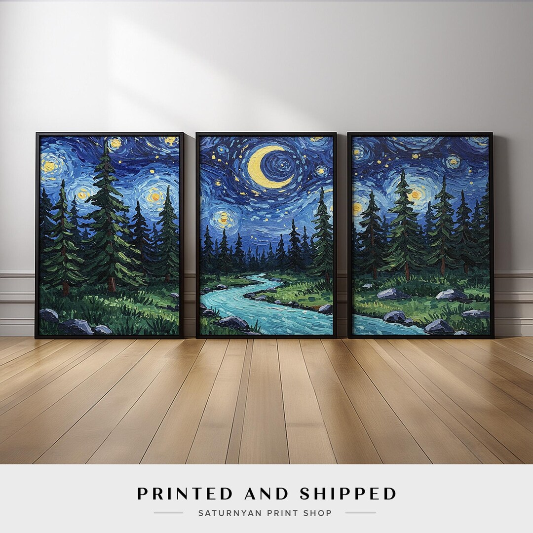 Forest Wall Art Set of 3 | Night Landscape Triptych With Stars Moon and ...