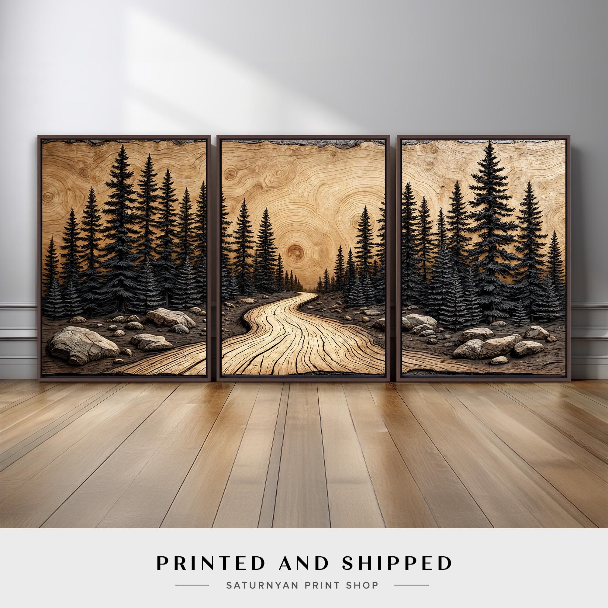 Rustic Forest Triptych Wall Art | Wood Grain Landscape Canvas Set