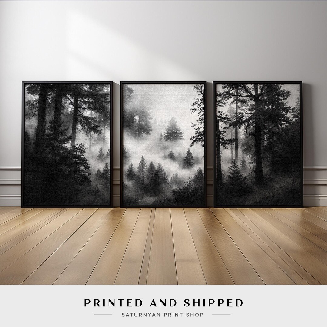 Moody Forest Wall Art Set of 3 | Black White Pine Tree Canvas Prints ...