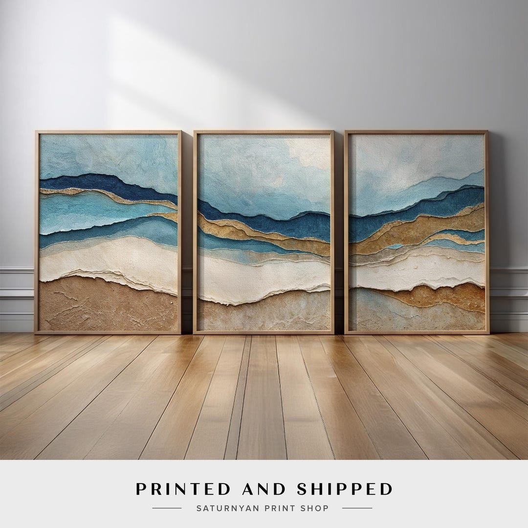 Coastal Ocean Wave Abstract Wall Art Set of 3 | Blue Beige Beach ...