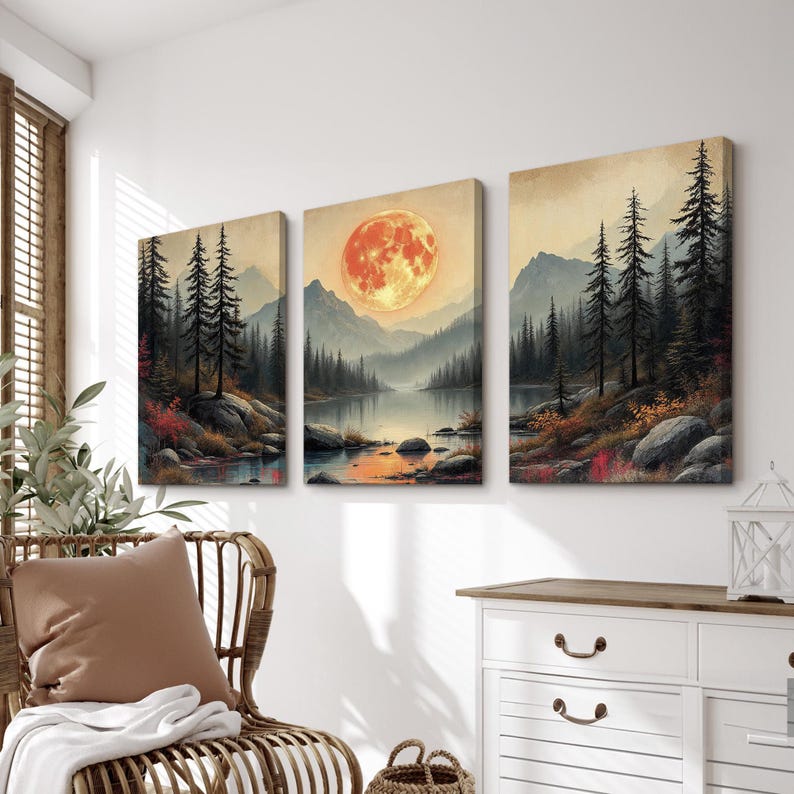 Large Landscape Wall Art Triptych | Moonlit Forest Lake With Mountains ...