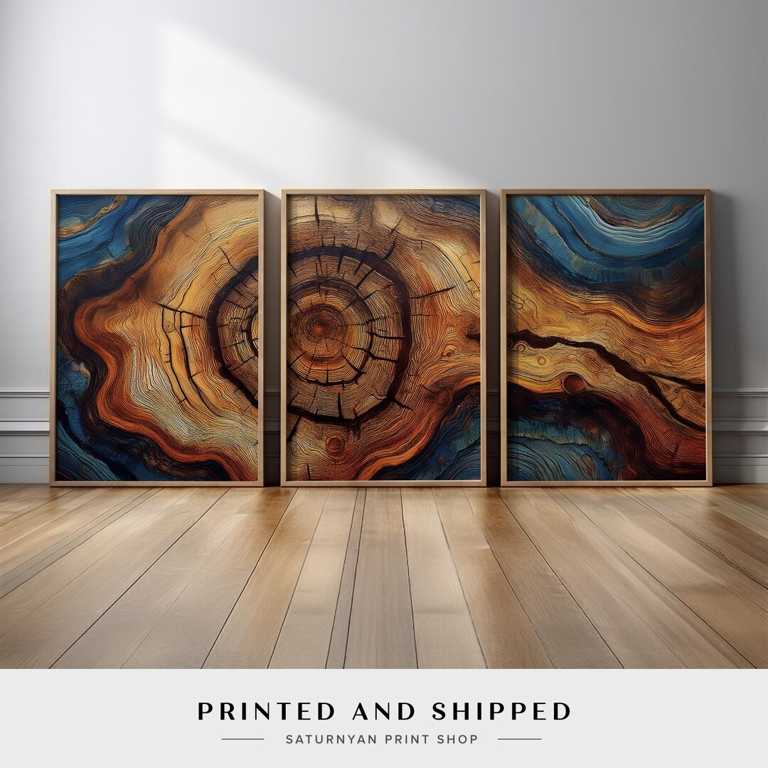 Tree Rings Abstract Painting, Rustic Wood Grain Wall Art, Triptych ...