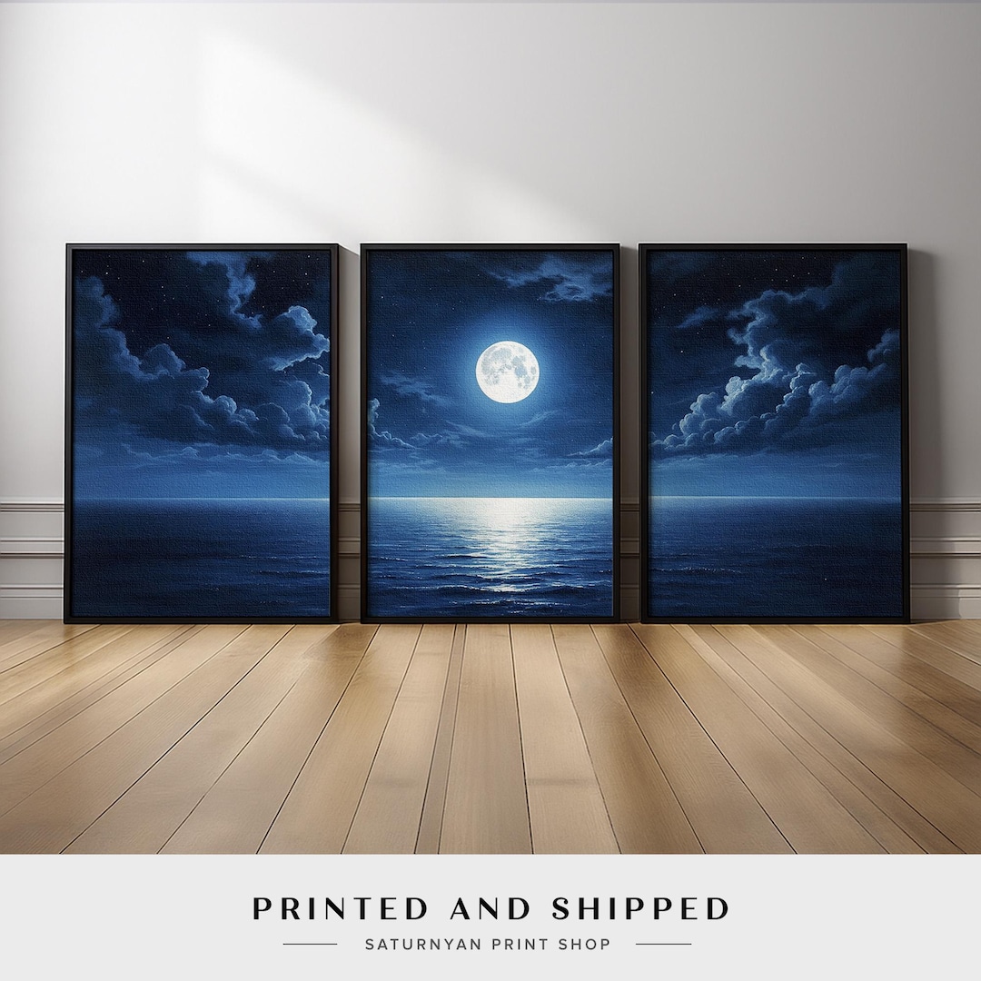 Moonlit Ocean Night Sky Wall Art Set of 3 | Full Moon Over Water Canvas ...