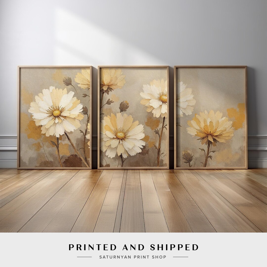 Neutral Floral Wall Art Triptych | Soft Beige and Gold Daisy Flower ...