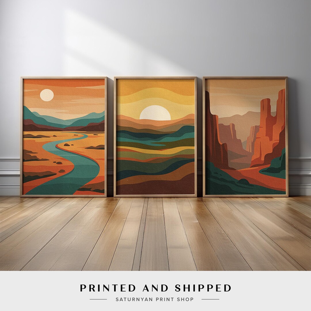 Desert Wall Art Set of 3 | Modern Landscape Canvas Prints With River ...