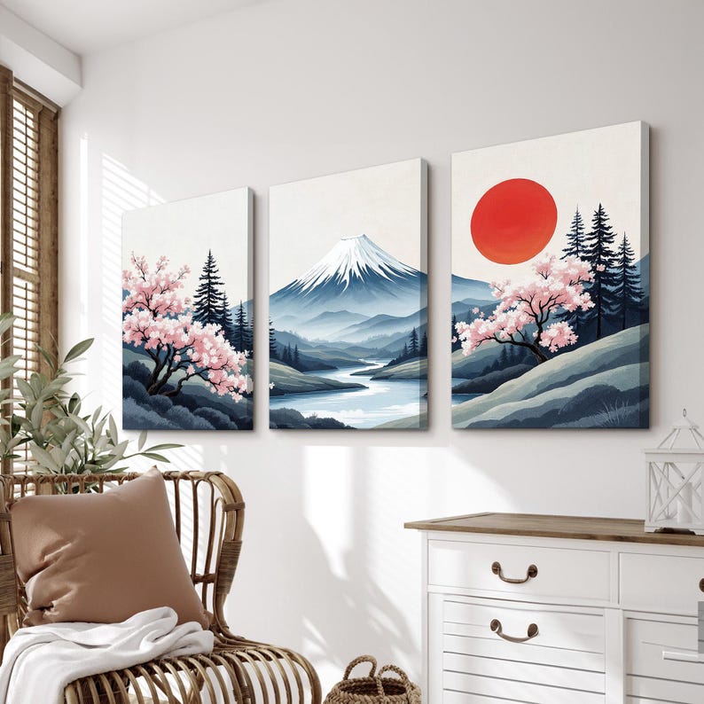 Japanese Mountain Landscape Wall Art | Cherry Blossom Canvas Prints ...