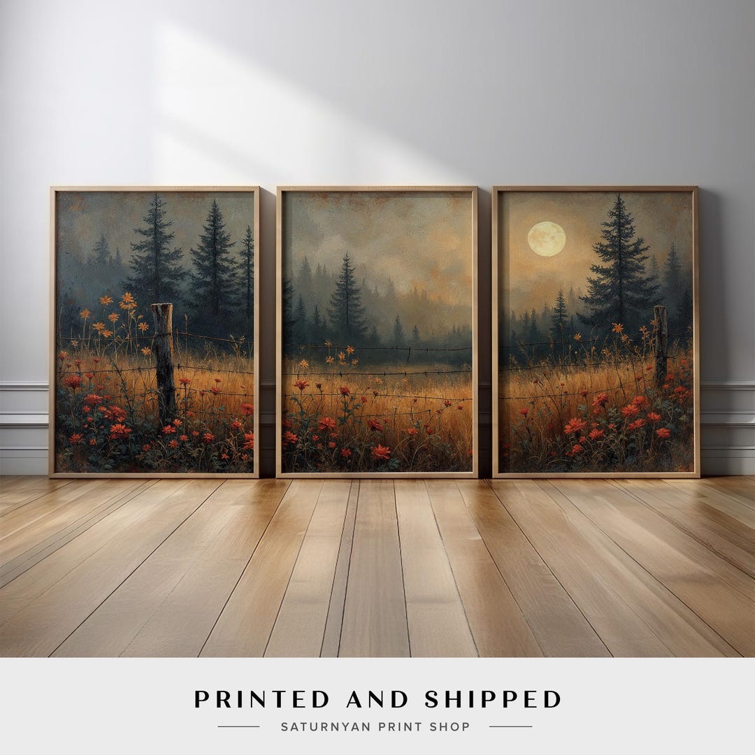 Rustic Forest Landscape Wall Art Set of 3 | Misty Woodland Canvas ...