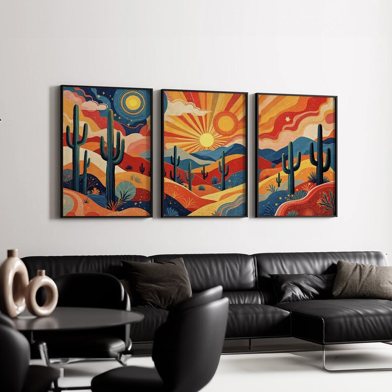Vibrant Desert Landscape Wall Art | Cactus Sunset and Sunrise Set of 3 ...