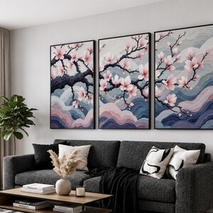 Japanese Cherry Blossom Wall Art Set, Sakura Tree Wall Decor, Elegant Floral Triptych, Zen Meditation Art, Soft Pink Nature Canvas Print bild 3