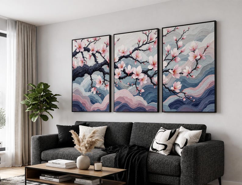 Japanese Cherry Blossom Wall Art Set, Sakura Tree Wall Decor, Elegant Floral Triptych, Zen Meditation Art, Soft Pink Nature Canvas Print bild 3