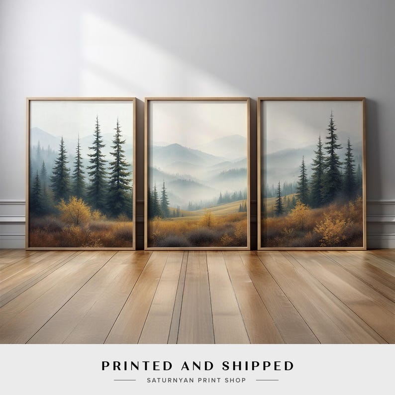 Misty Mountain Landscape Set of 3 | Serene Wall Art With Forest Pines ...