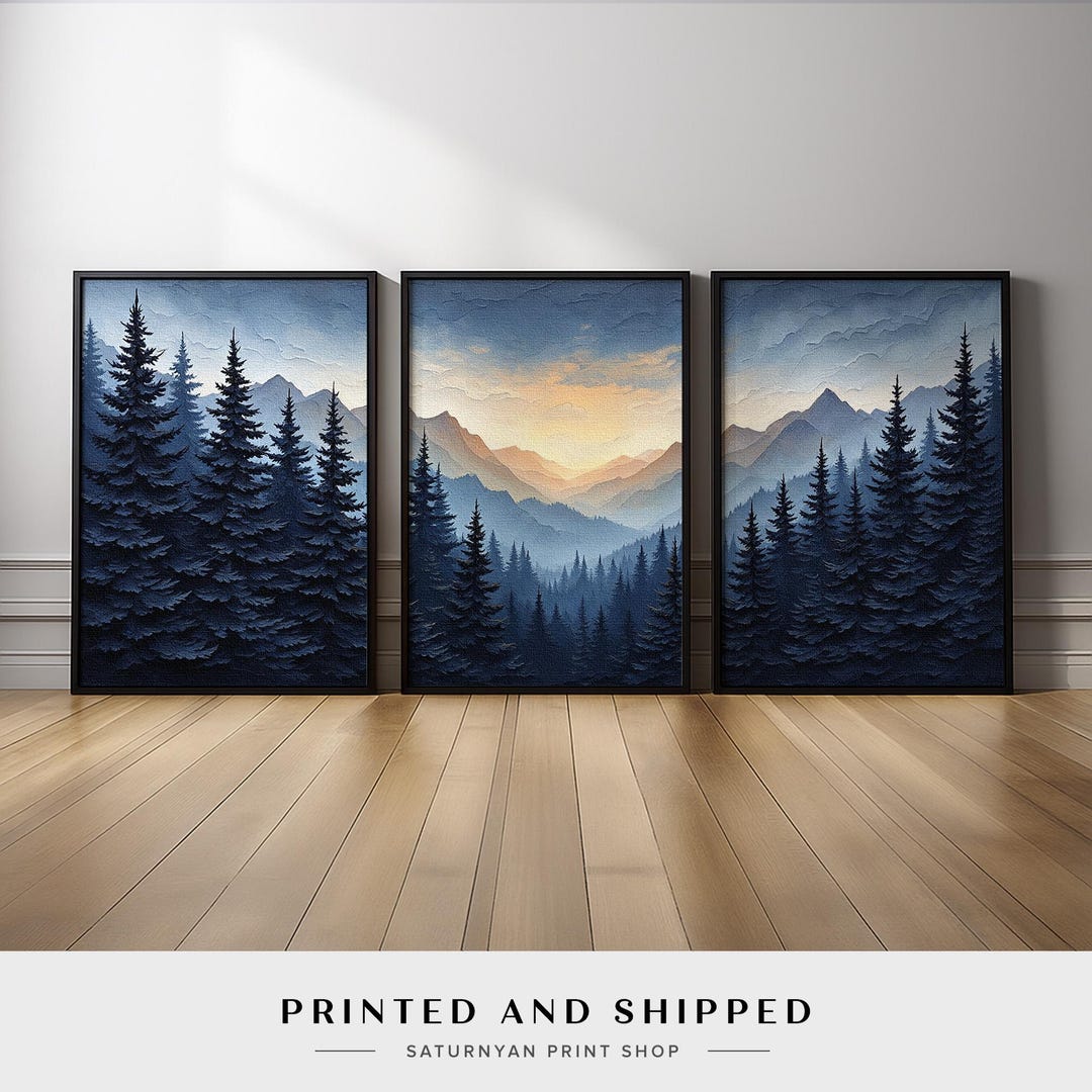 Nature Mountain Forest Wall Art Set of 3 | Blue Landscape Canvas Prints ...